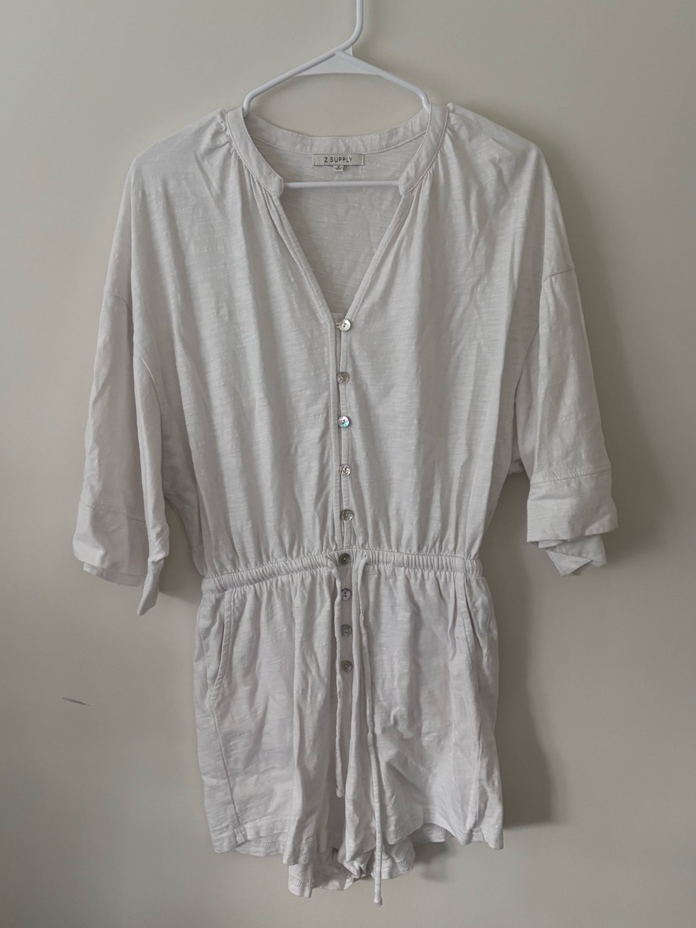 Z Supply White Button-Front Romper with Drawstring Waist